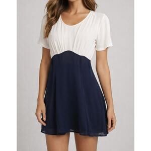 Reformation Chiffon Colorblock Short Sleeve Mini Dress White Navy Blue Medium